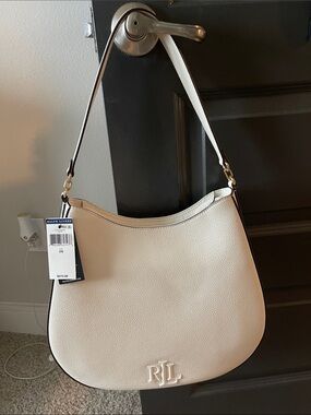 Ralph Lauren Cream Pebbled Leather RLL Hobo Shoulder Bag